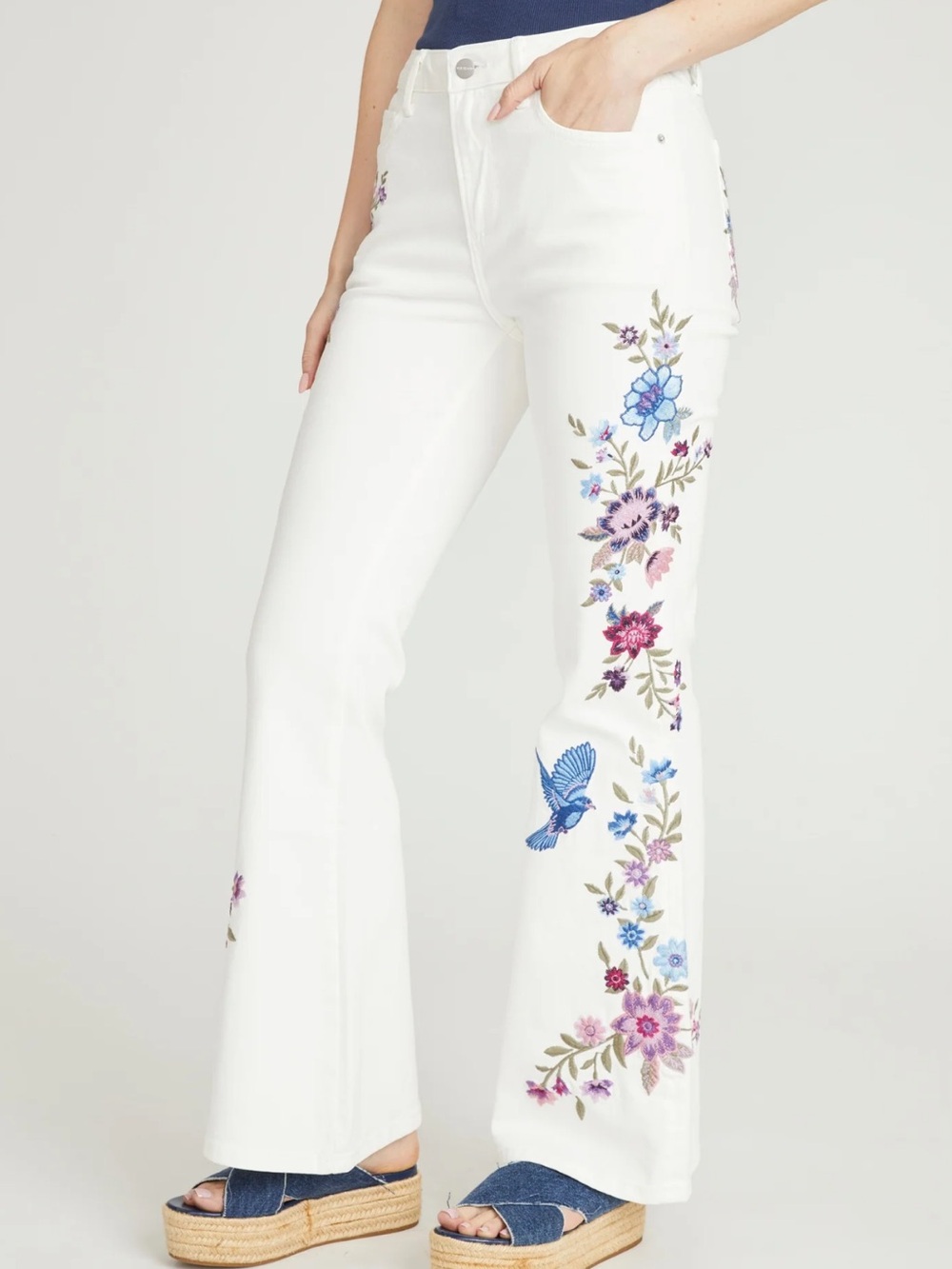DRIFTWOOD Farrah Embroidered Flare Leg Jeans Blue Birds - Picture 5 of 14